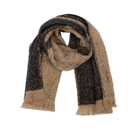 Camel and dark colour-block scarf arranged in a loose loop with short fringe visible at both ends