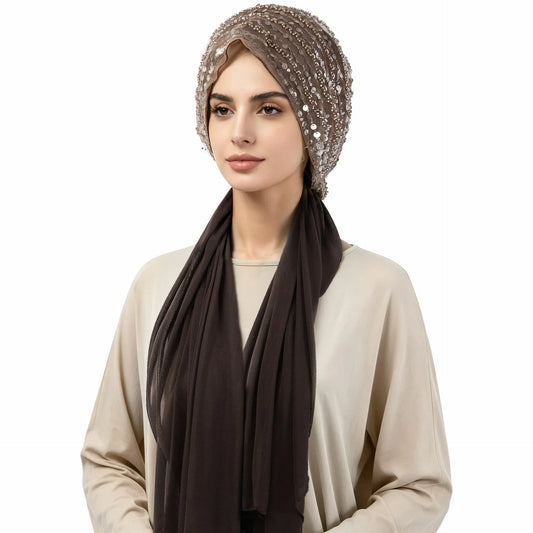 Sequined turban hijab with an attached long scarf panel
