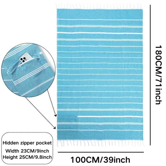 Turquoise striped towel diagram labelled 100 by 180 cm with a pocket inset labelled 23 by 25 cm