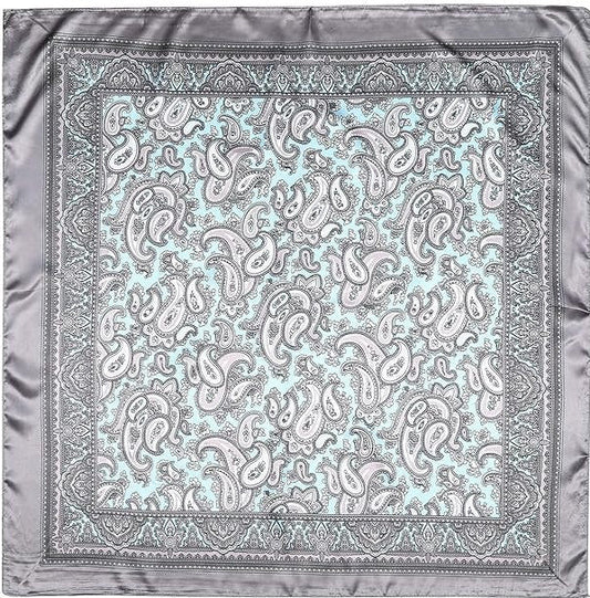 Grey-bordered square scarf laid flat with a pale paisley centre and patterned inner border