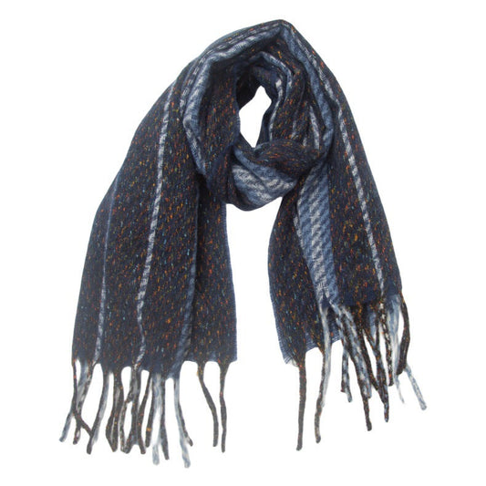 Dark blue striped scarf arranged in a loose loop with two long fringed ends on a white background
