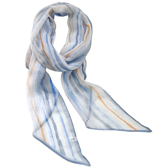 Blue-grey watercolour stripe scarf loosely looped with its pointed ends visible