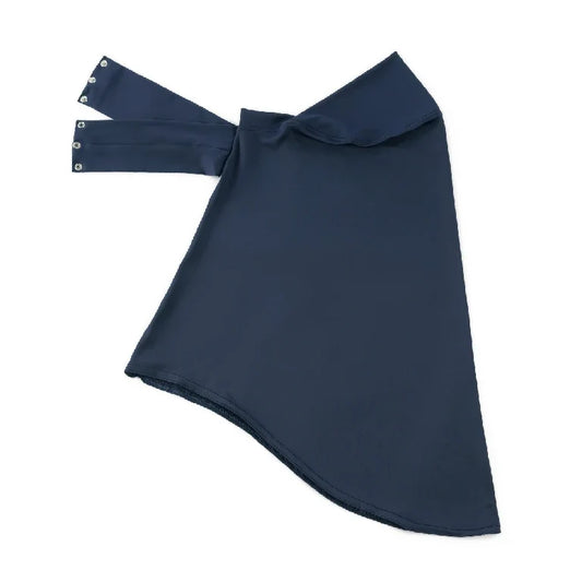 Navy curved fabric cover laid flat with snap components on narrow band ends
