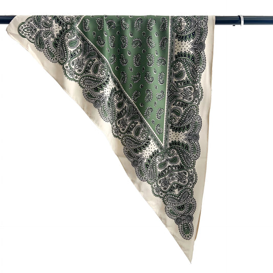 Printed polyester triangle scarf shown open with a contrasting border