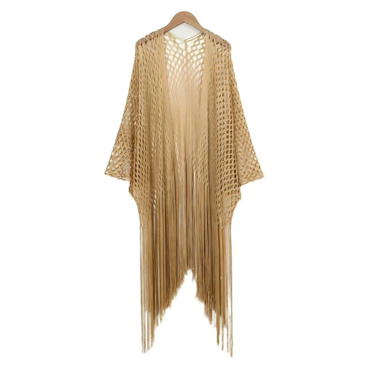 Gold-tone open mesh evening wrap hanging with long fringe at the front