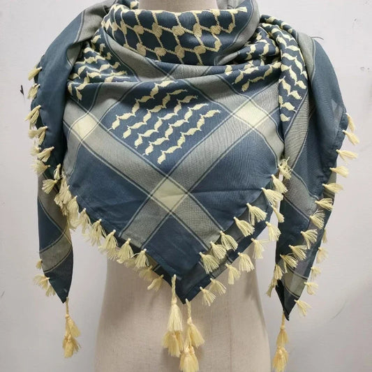 Blue patterned shemagh scarf with yellow tassel fringe