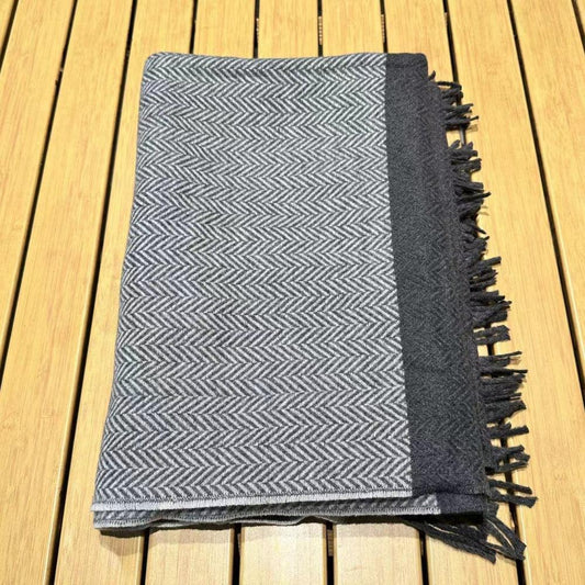 Grey splice scarf with pale herringbone field, dark solid panel and fringe
