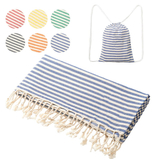 Blue-and-cream striped fringed towel shown with a coordinating drawstring bag and six colour swatches