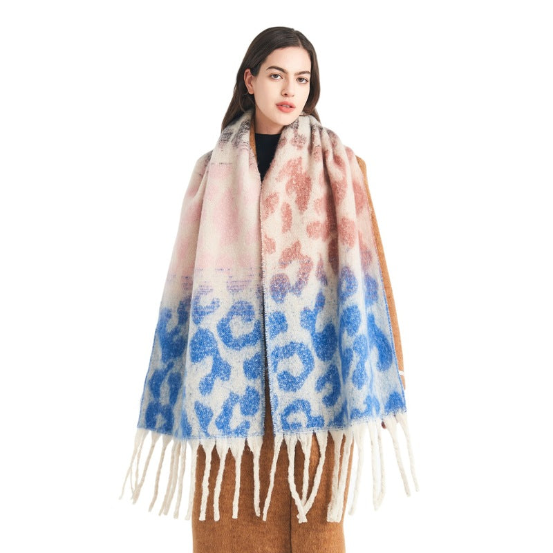 Faux Mohair Contrast Animal Print Shawl