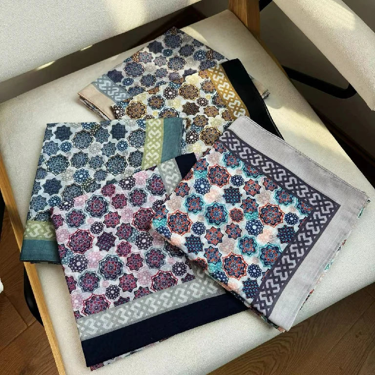 Customized Arabesque Motif Square Scarf Supplier Bohemian Mandala Print Headscarf