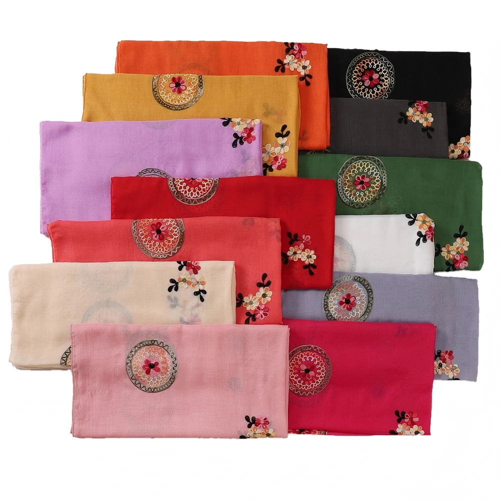 Elegant Embroidered Chiffon Hijab Scarf Soft Long Shawl Multi-Color