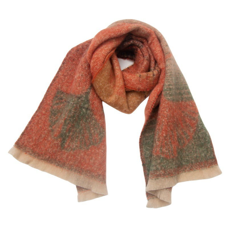 Boucle yarn short-beard jacquard ginkgo leaf scarf shawl