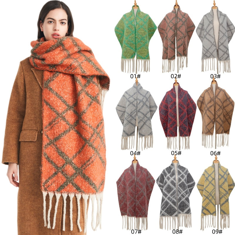 Women's Mohair Shawl Wraps Open Front Plaid Tassel
