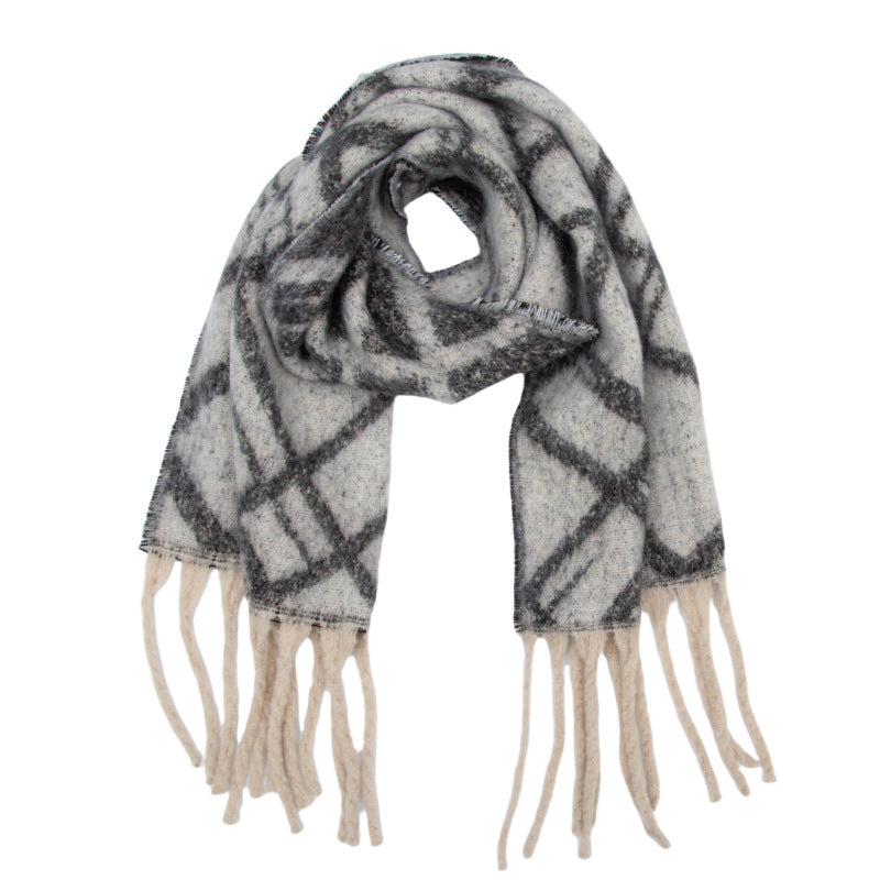Bouclé yarn imitation mohair jacquard double-line check scarf