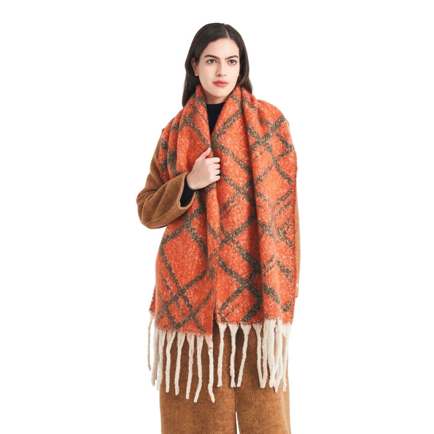 Faux Mohair Jacquard Double-Line Plaid Scarf