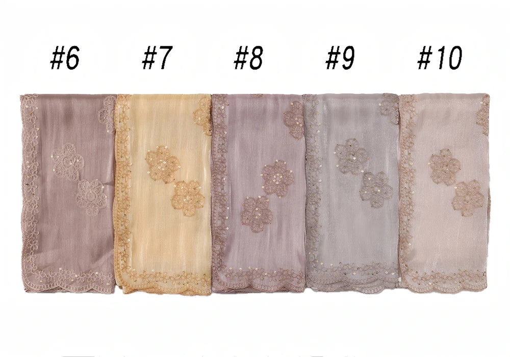 Sequin Embroidered Hijab Scarf Scalloped Lace Edge Muslim Women Elegant Shimmer Shawl