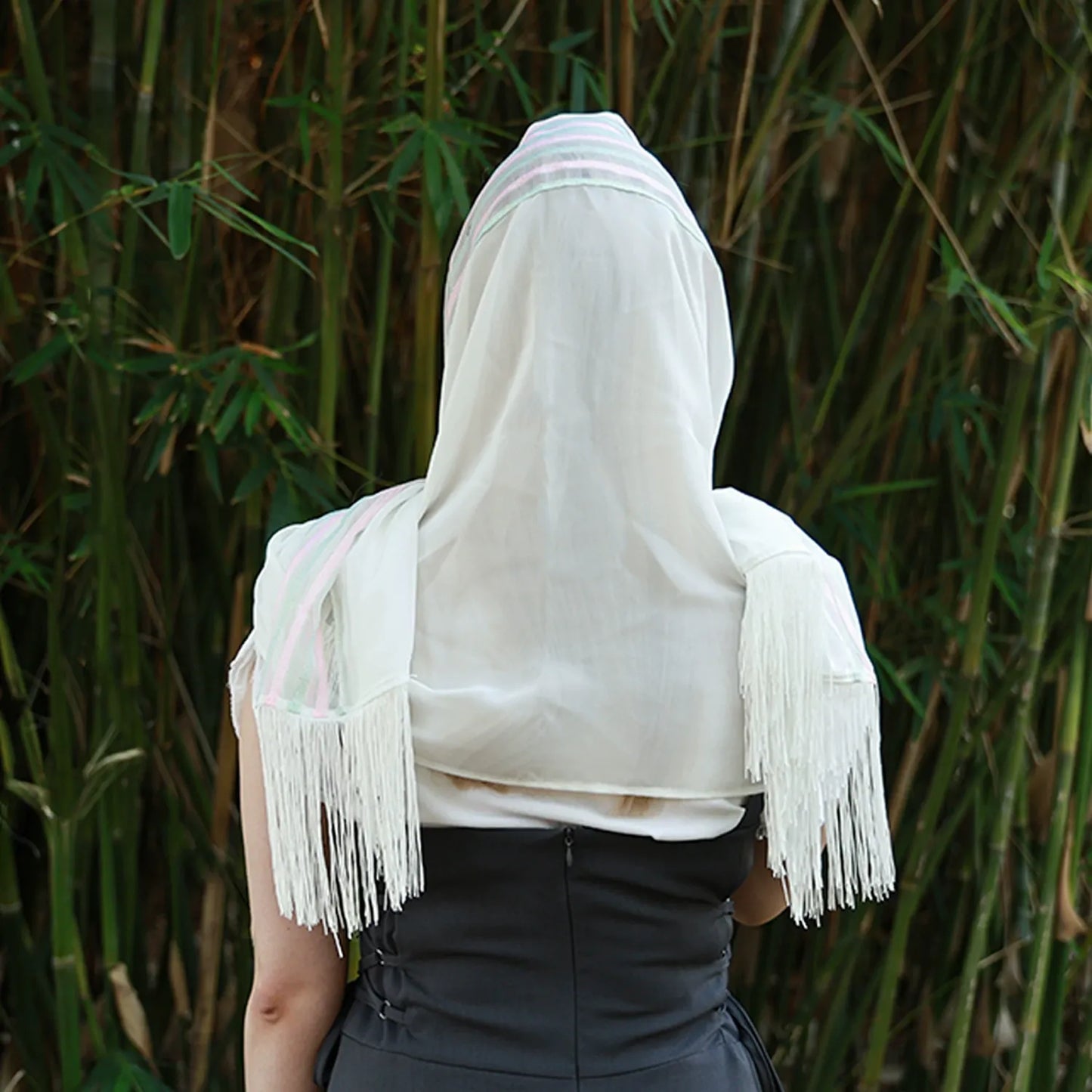 Maker Striped Chiffon Tassel Hooded Shawl - Summer Sun Protection Casual Holiday Headband