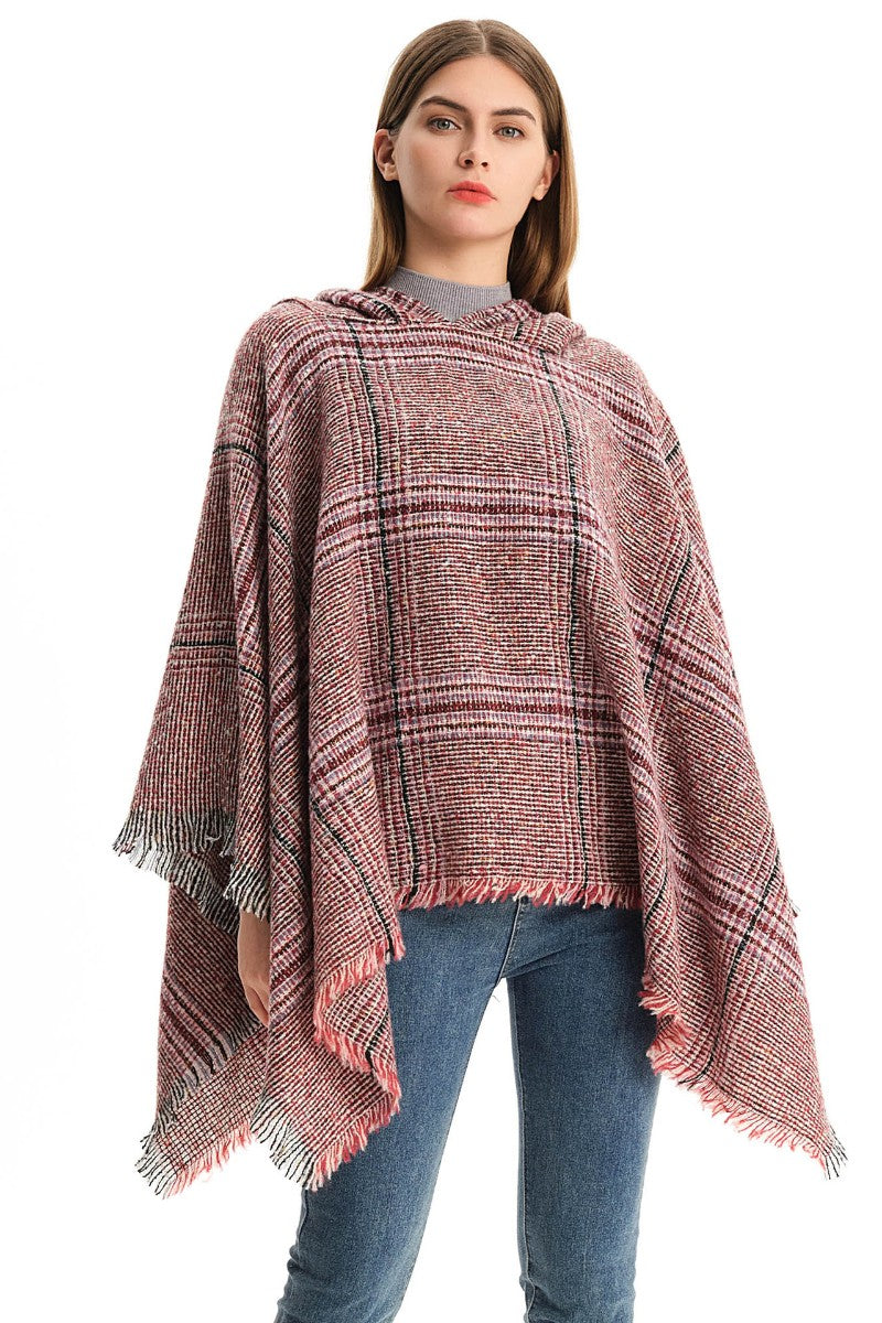 Poncho With Hood Casual Plaid