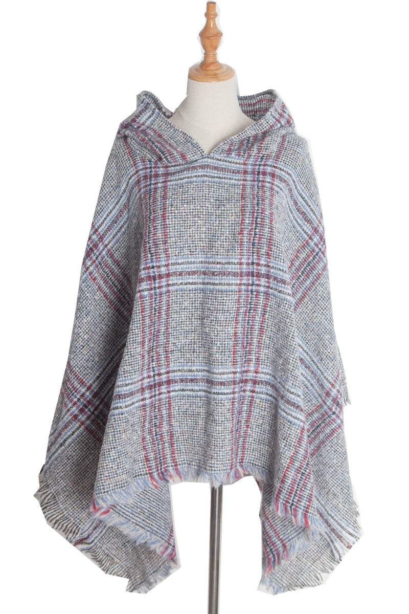 Women's Plaid Hooded Cape Shawl