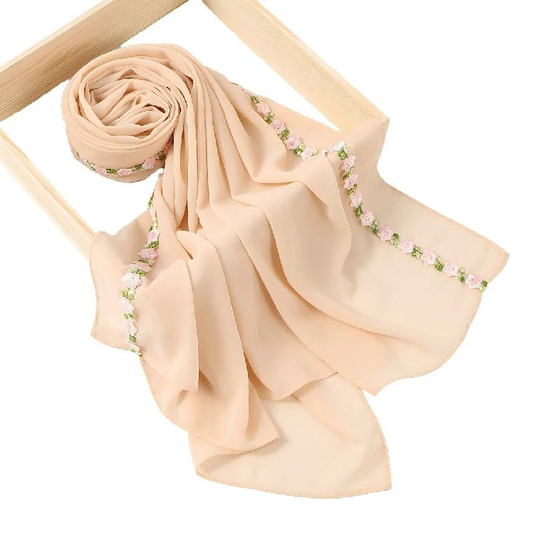 Wholesale Elegant Chiffon Hijab Floral Embroidery Edge Lightweight Modest