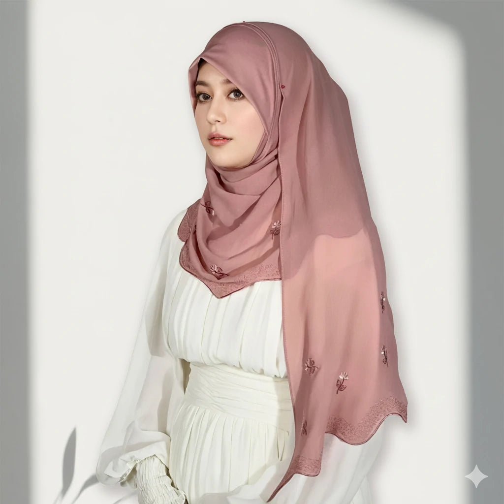 Wholesale Embroidered Flower Lightweight Shell Edge Scarf Muslim Hijab