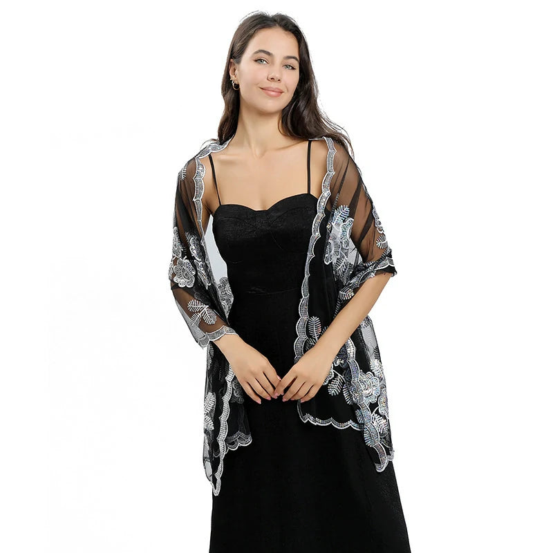 Black and white Embroidered Sequins Scarf