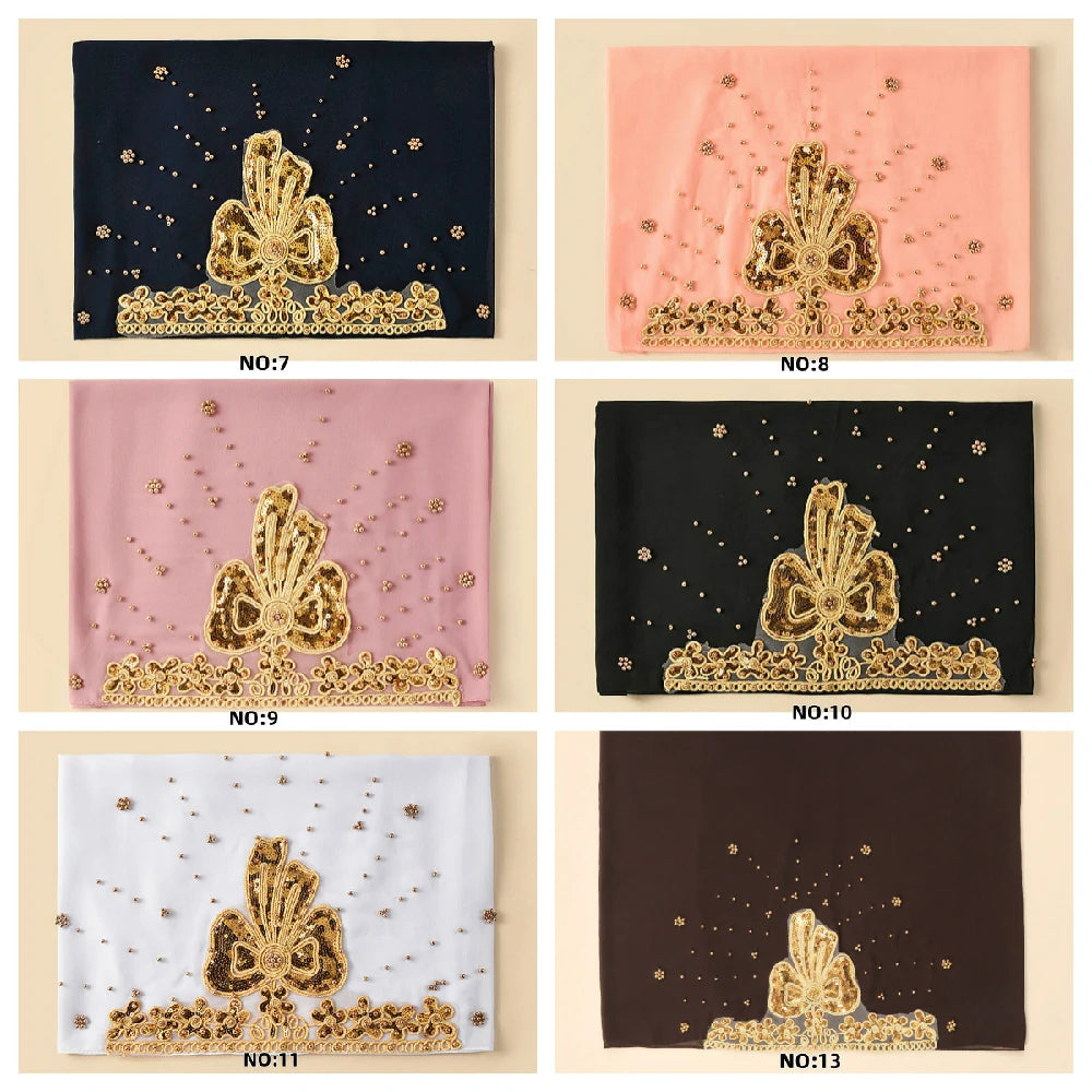 Wholesale Luxury Beaded Chiffon Hijab Gold Embroidery and Pearls