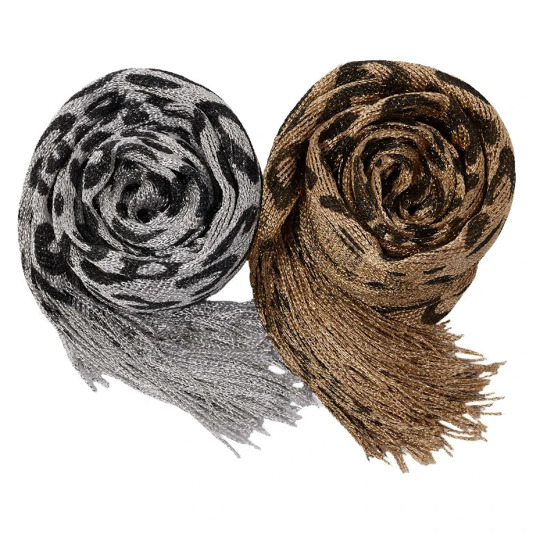 Wholesale Metallic Leopard Print Fringe Shawl Scarf Sparkly Tassel Wrap for Women