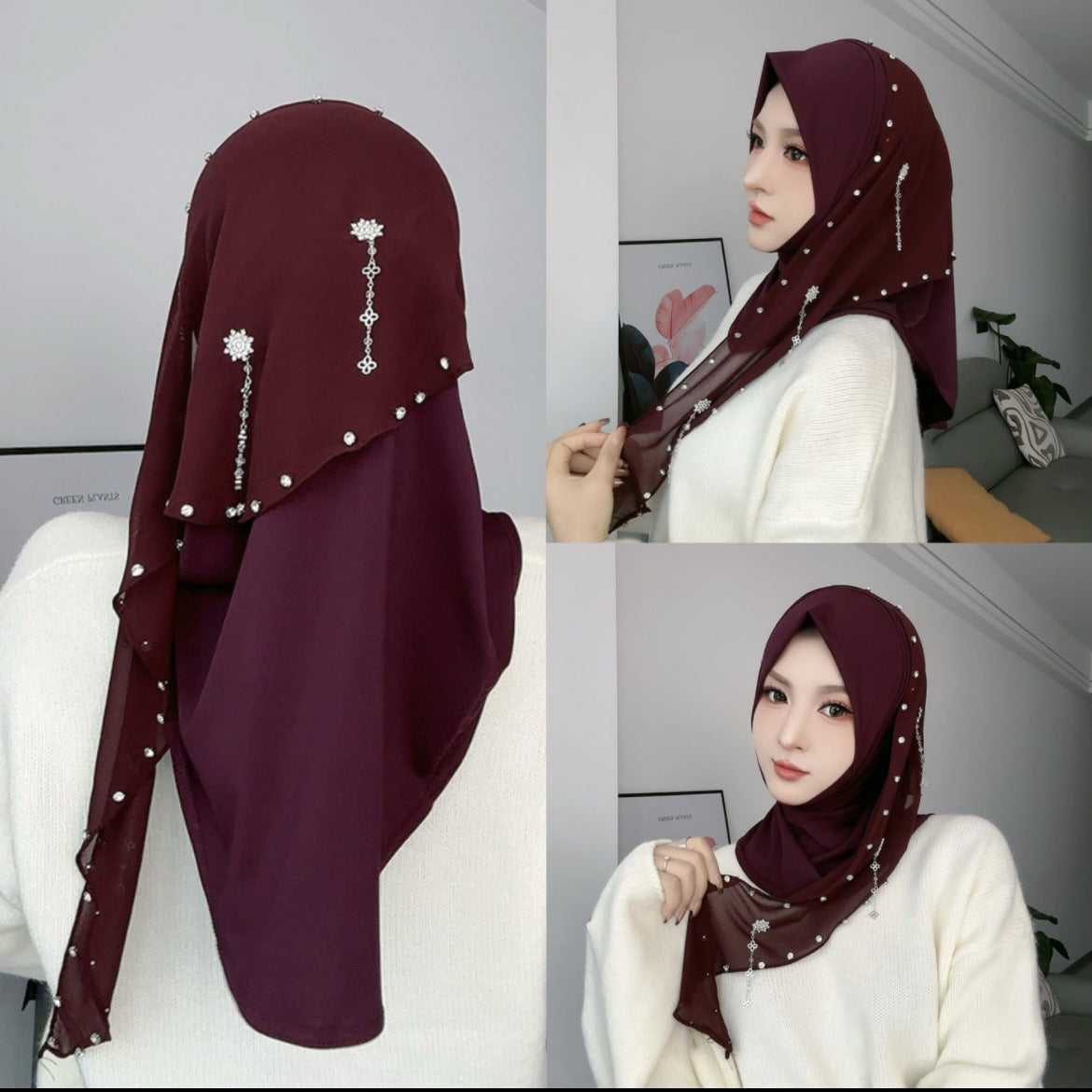 Wholesale Muslim Luxury Hijab Pearl Crystals Beaded Embellished Scarf