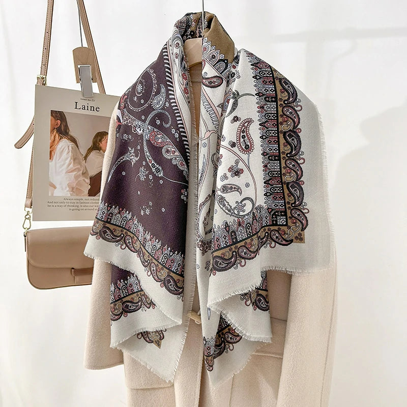 White and brown cashew flower patterned shawl