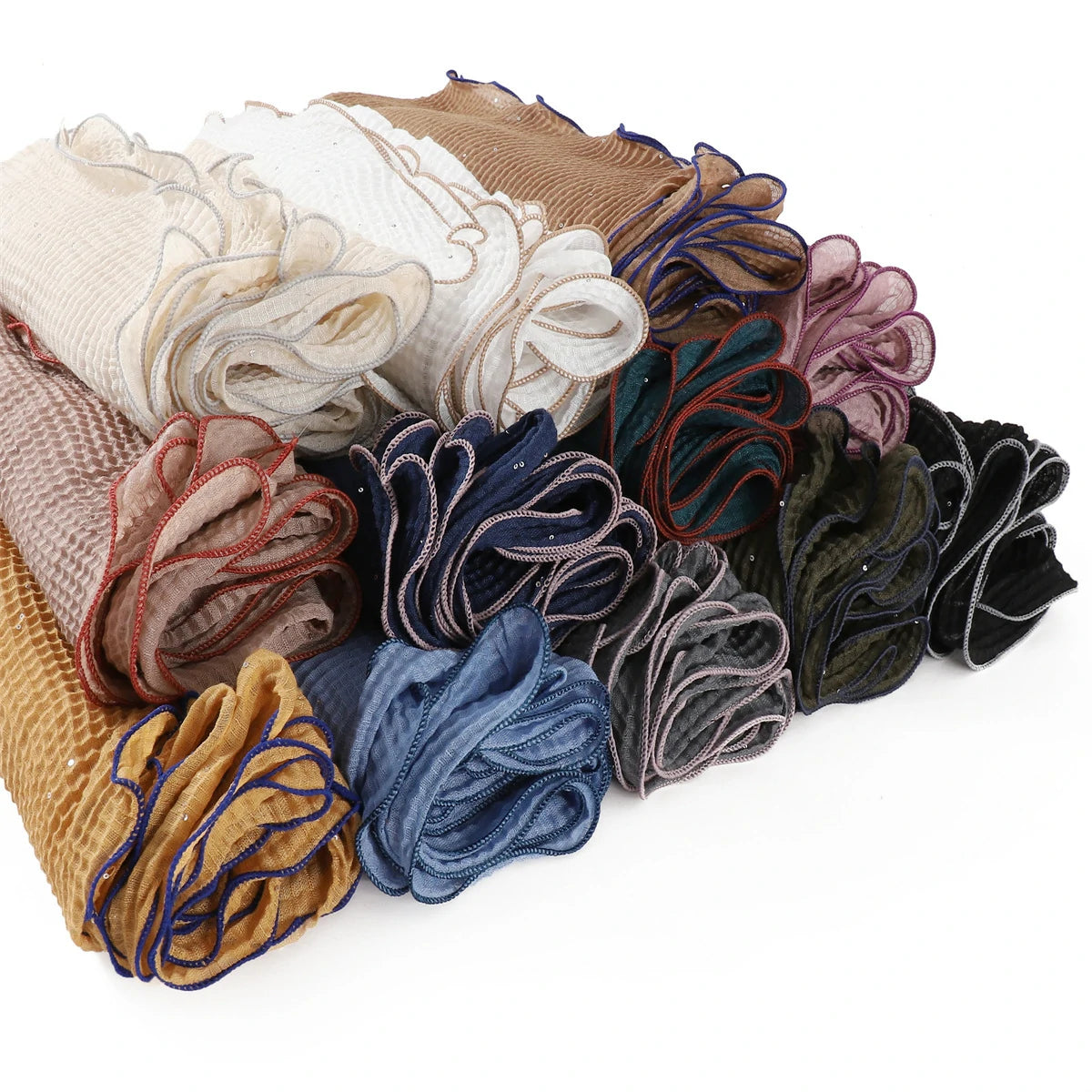 Wholesale Crinkle Hijab Sequins Contrasting Trim Lightweight Chiffon Scarf Shawl