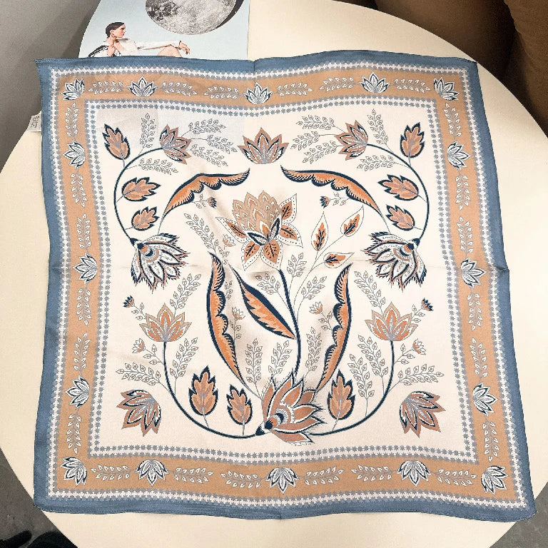 Wholesale Luxury Lotus Floral Print Silk Satin Square Scarf for Women
