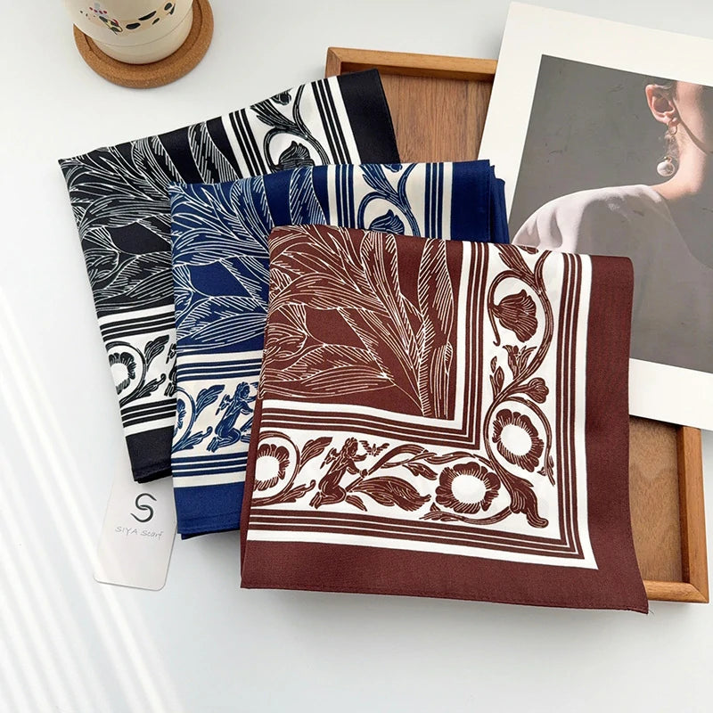 Wholesale Vintage Style Floral Square Scarves Faux Silky Satin Foulard