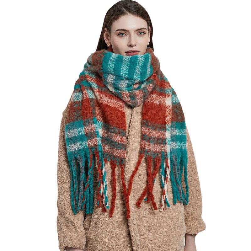Contrast color thick fringe plaid scarf