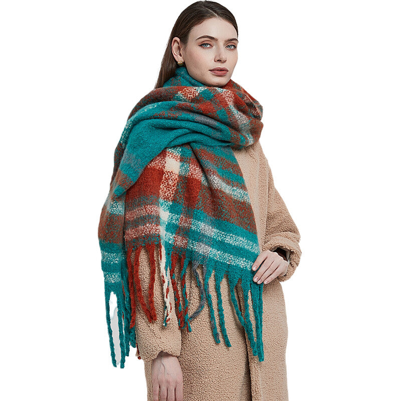 Boucle yarn thickened thick tassel plaid scarf