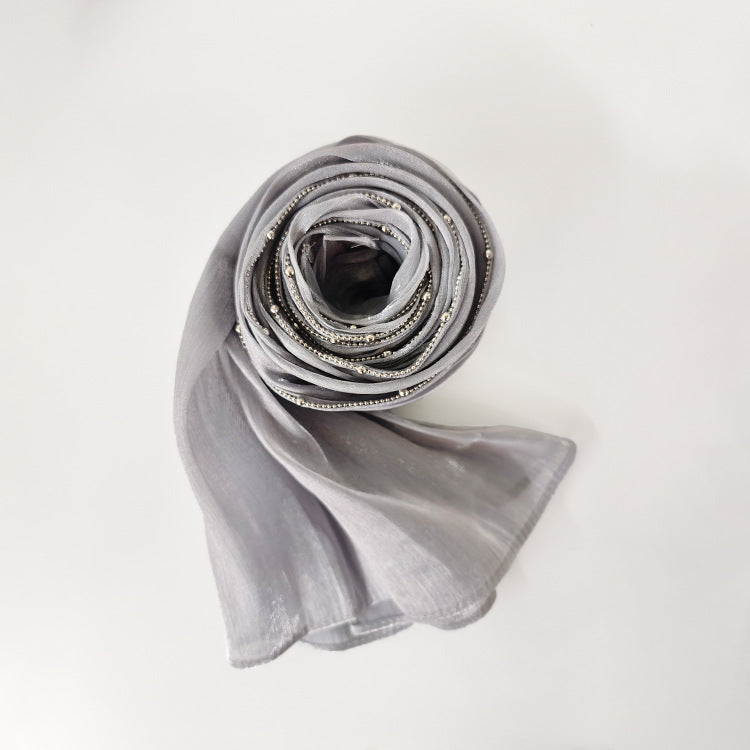 Women's Solid Color Headscarf Silver Metal Bead Edge Long Scarf ODM