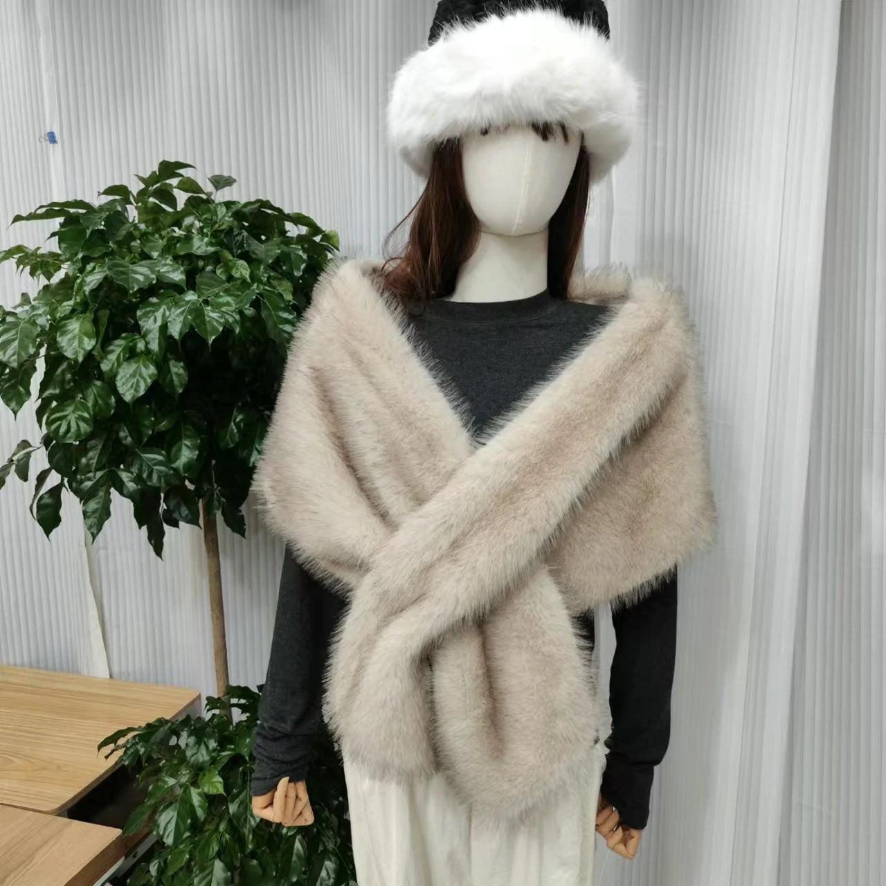 Beige faux fur shawl