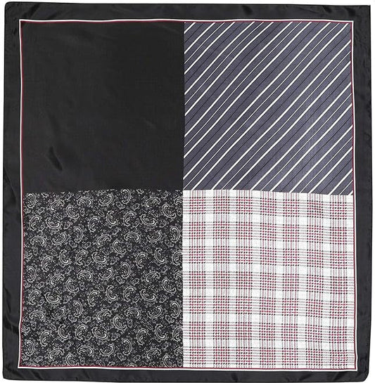 Black-bordered square scarf laid flat with plain, diagonal stripe, paisley and small check panels