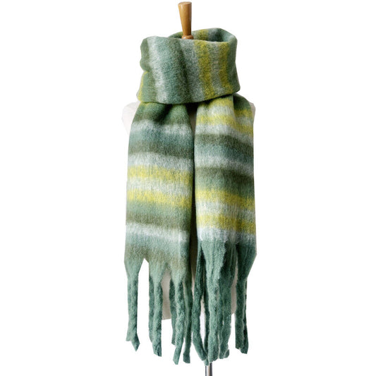 Green yellow and pale striped scarf wrapped on a display form with thick long fringe hanging at the front
