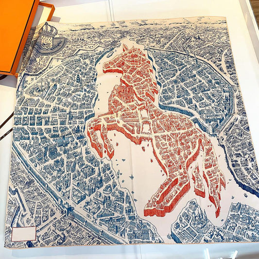 Red-and-blue horse-and-city silk square scarf shown open