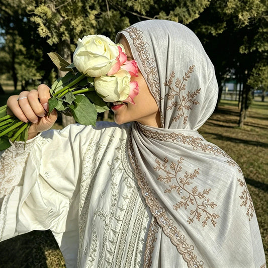 Embroidered hijab with floral border and sequin details