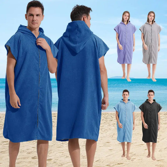 Gallery collage of hooded zip-front towel ponchos with a blue front and back view and smaller colour examples