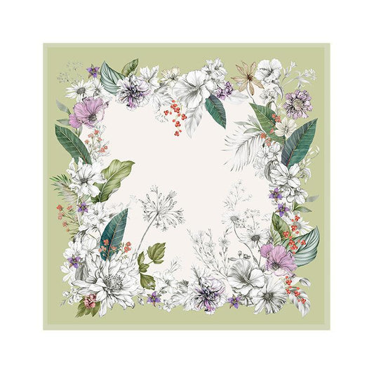 Light-green floral square scarf laid flat with an ivory centre, leafy border and pale purple flowers