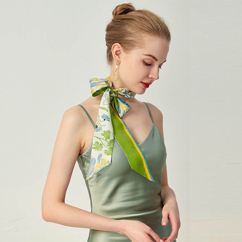 "Green flower" Silk skinny & twilly-Peppermint Mambo green