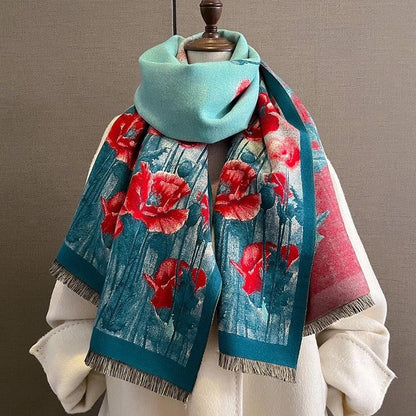 "Elegant Poppy Charm" Shawl Scarf - Rain Forest Green & Cherry Tomato Red