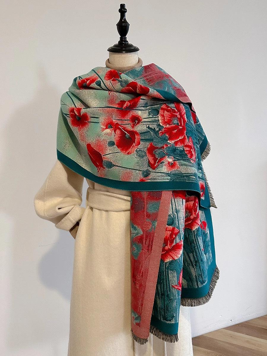 "Elegant Poppy Charm" Shawl Scarf - Rain Forest Green & Cherry Tomato Red