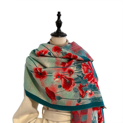 "Elegant Poppy Charm" Shawl Scarf - Rain Forest Green & Cherry Tomato Red