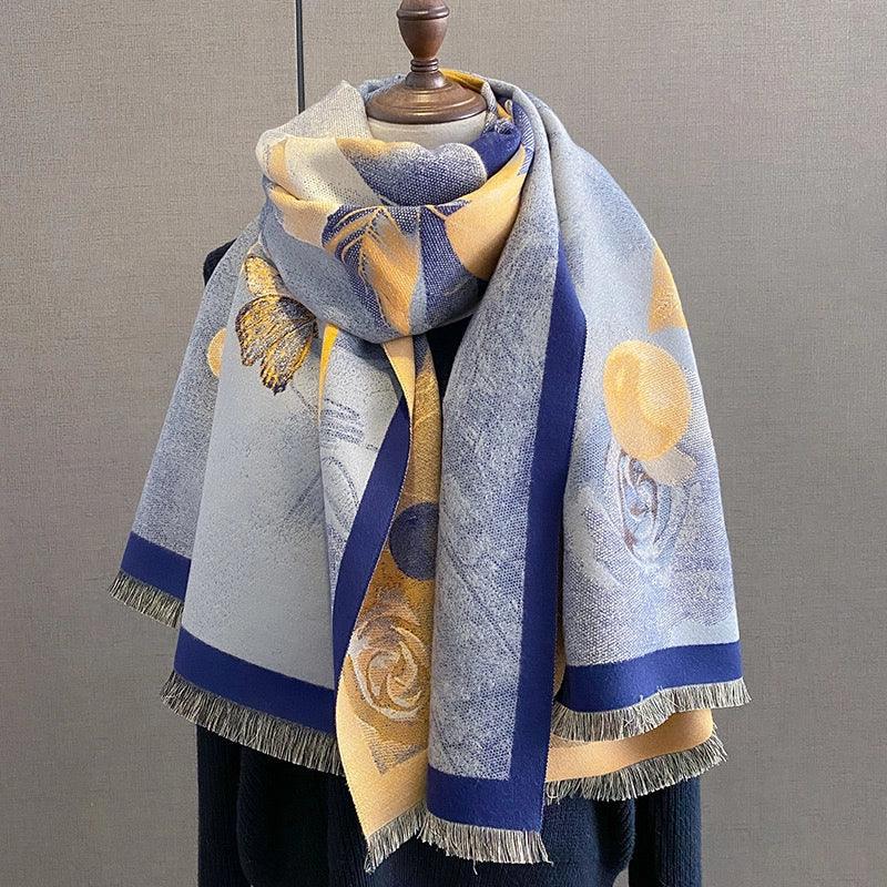 "Romantic Rose" Shawl Scarf - Marlin Blue & Deep Well Blue