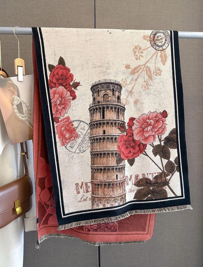 "Italian-style Leaning Tower of Pisa and Rose" Scarf - Sunburn & Sheepskin