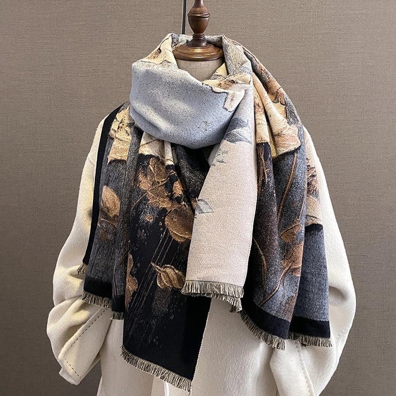 "Elegant Poppy" Cape Scarf - Almond Milk White & Storm Front